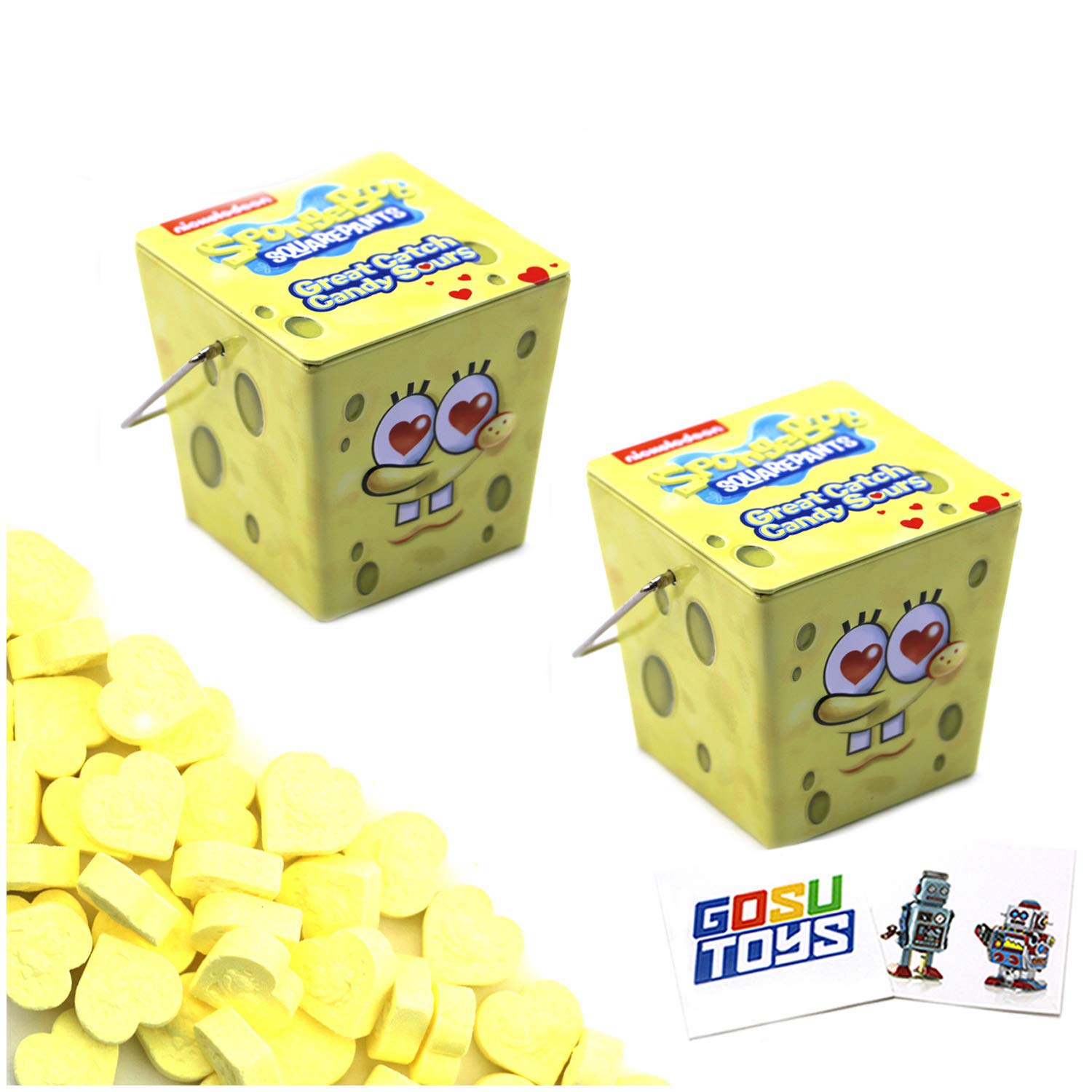 SpongeBob Great Catch Square Bucket Tin Candy (2 Pack) Strawberry Lemonade Flavor Heart Shaped Gift Stuffers with 2 GosuToys Stickers