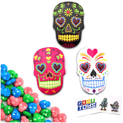 Sugar Skulls Tin Candy (3 Pack) Festive Sweet Flavor Skill Shaped Gift Stuffers with 2 Gosutoys Stickers