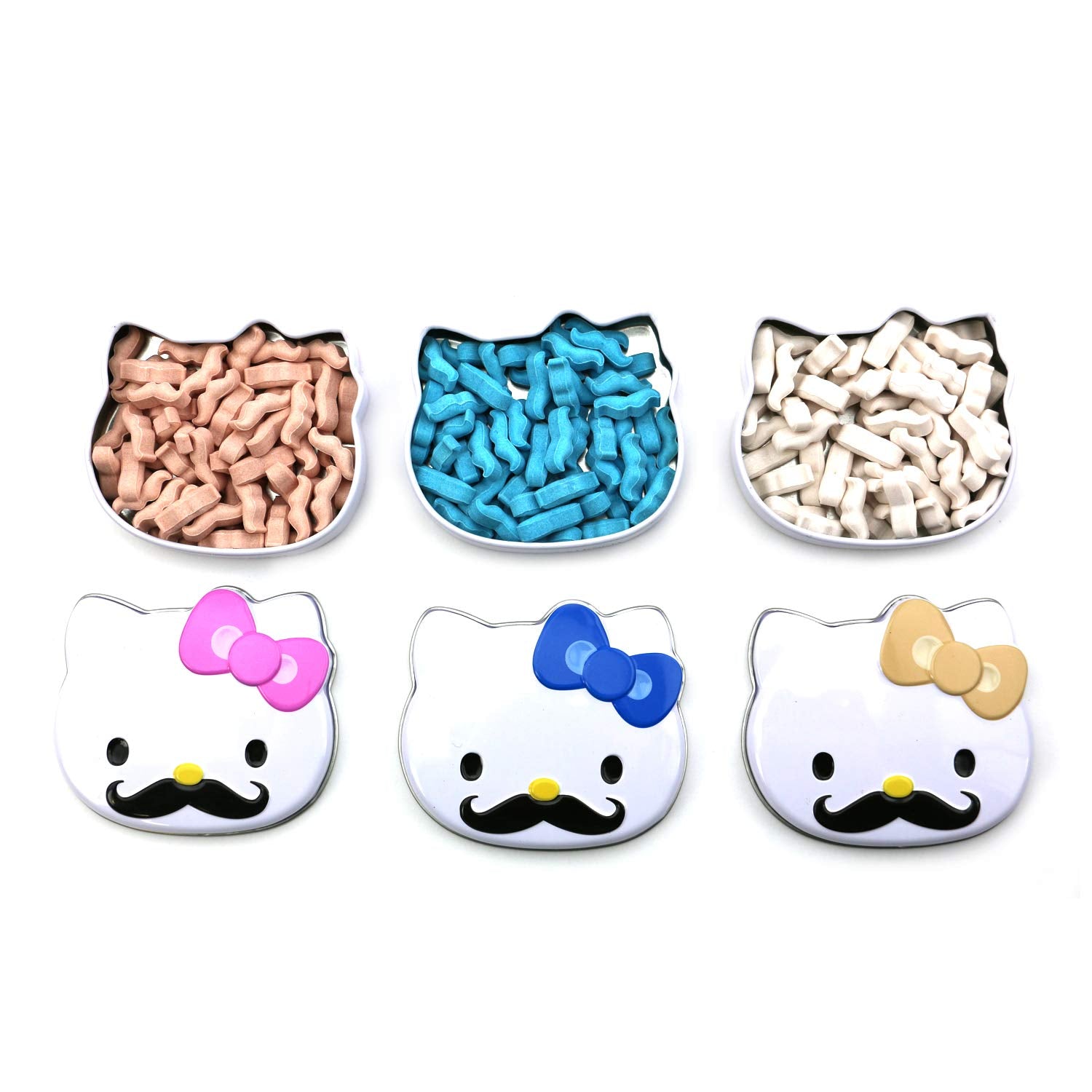 Hello Kitty Sweet Staches Tin Mustache Candy (3 Pack) Marshmallow Flavor Gift Stuffer with 2 GosuToys Stickers