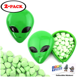 Extraterrestrial Green Alien Head Tin Candy Sours (2 Pack) Green Apple Flavor Gift Stuffer with 2 GosuToys Stickers