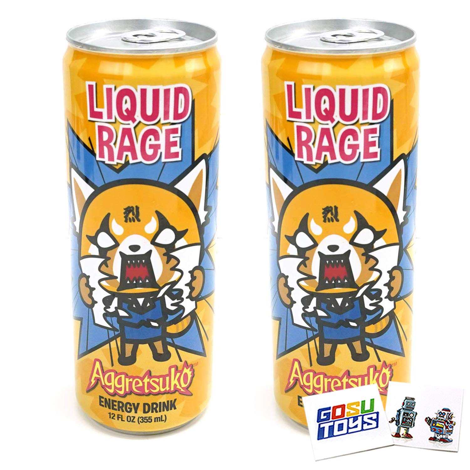 Aggretsuko Liquid Rage Energy Drink 12 FL OZ (355mL) Can (2 Pack) With 2 GosuToys Stickers
