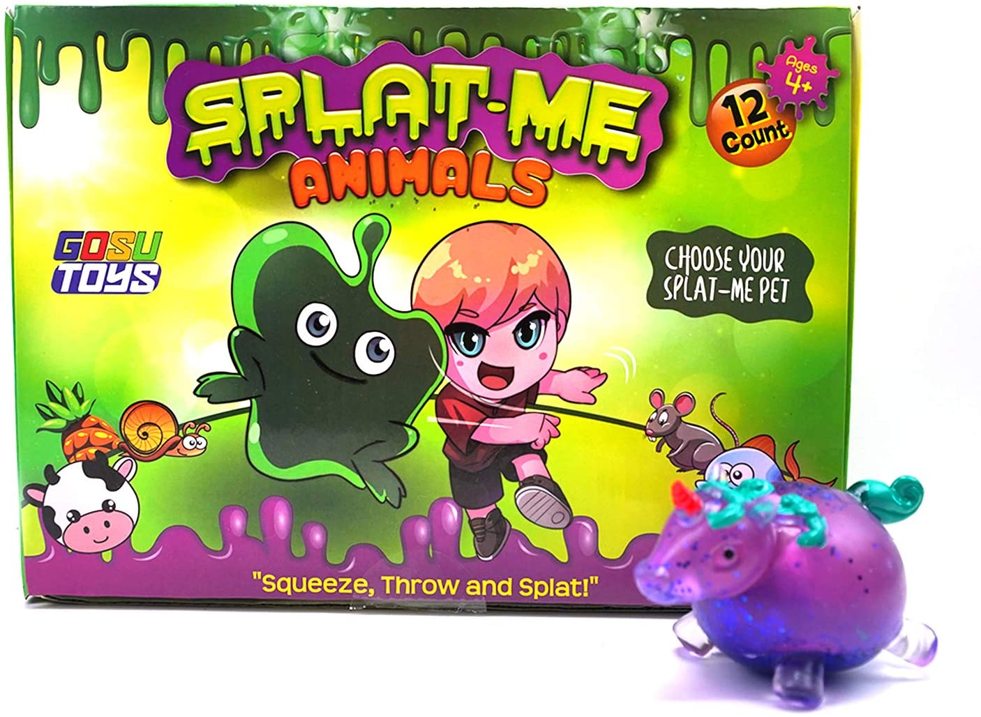 Sticky Splat Balls Splat-Me Animals (12 Pack) Squishy Assortments Splat Ball Pets Stress-Reliever - Turtle, Ox, Fish, Snail, Rabbit, Unicorn, Pig, Monkey, Duck, Rat, Llama, Frog