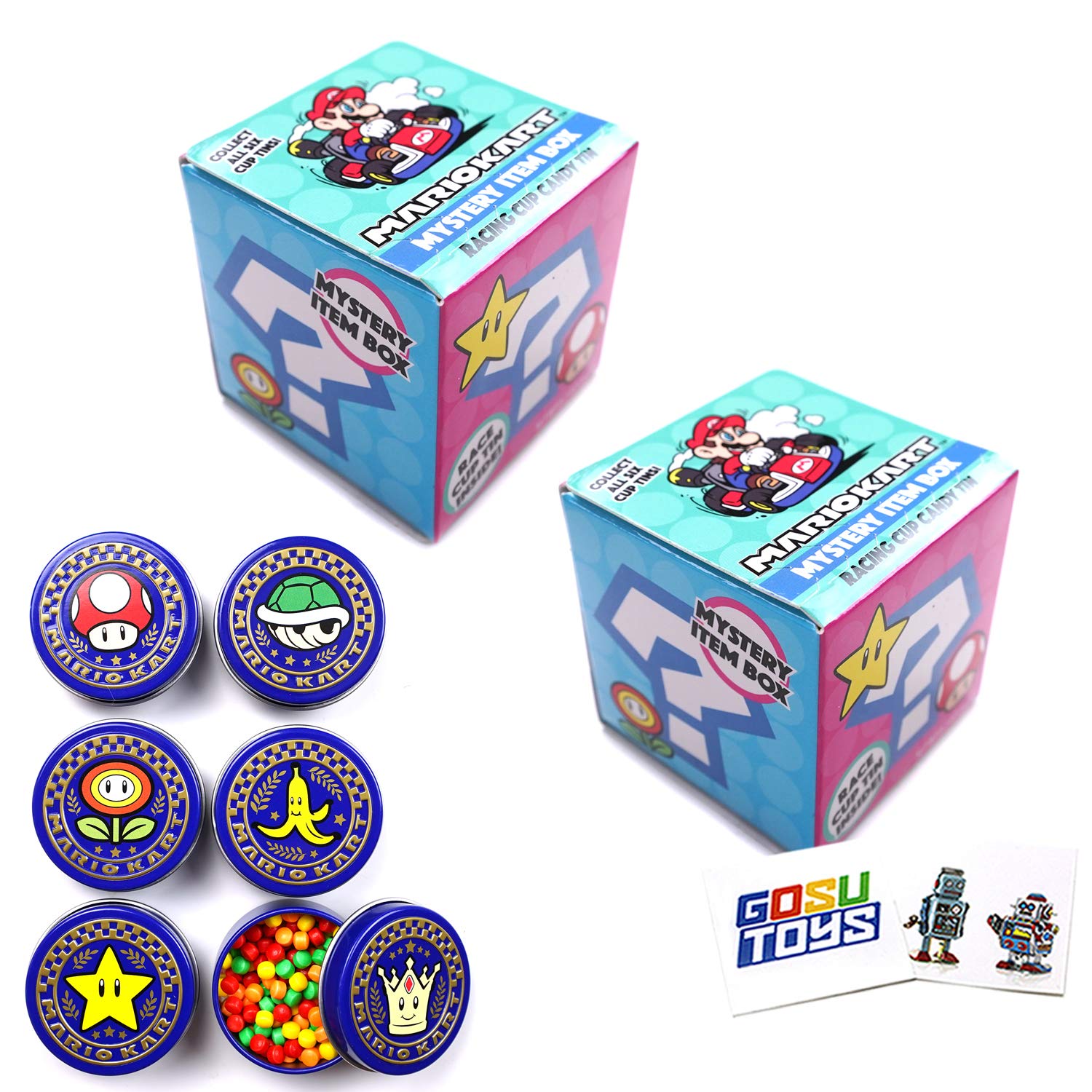 Mario Kart Mystery Item Box Racing cup Candy Tin (2pack) with 2 Gosu Toys Stickers